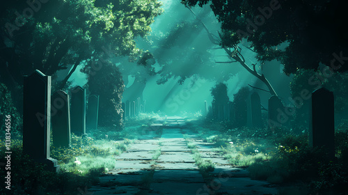 Graveyard cemetery background atmosphere illustration overgrown walks down hallway treacherous road promotional defense gloom haven hearthstone pale green glow spirits. Haven. Illustration