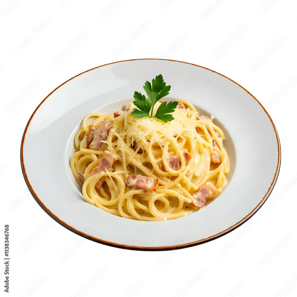 A plate of spaghetti carbonara with parmesan cheese and parsley. png isolated background. transparent background. A plate of spaghetti carbonara with parmesan cheese and parsley. png isolated background. transparent background.