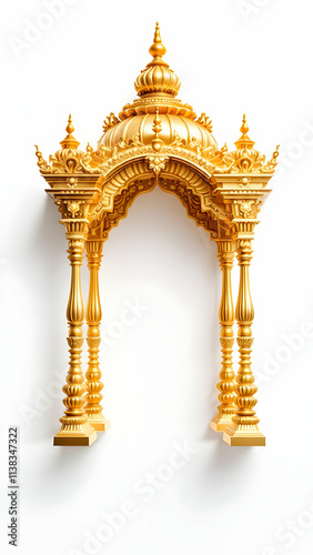 A 3D rendering showcases a gold temple archway. Intricate carvings and ornate pillars create a majestic, religious structure. The golden hue is striking against the white background.