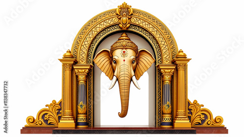 A 3D rendering of a golden ornate archway featuring a majestic Ganesha head, showcasing intricate carvings and rich details. The image is set against a white background.