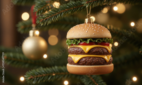 Christmas tree ornament shaped like a cheeseburger, with sharp focus on the realistic sesame seed bun, juicy beef patty, melted photo