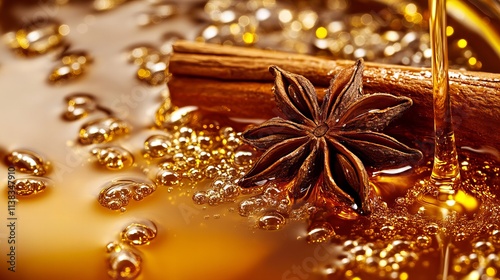 A close-up of aromatic spices, featuring star anise and cinnamon sticks immersed in golden syrup. photo