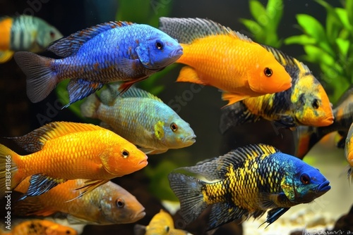 Cichlids in Malawi Lake Aquarium: Colorful Fish Swimming in Freshwater with Blue Underwater Nature Background