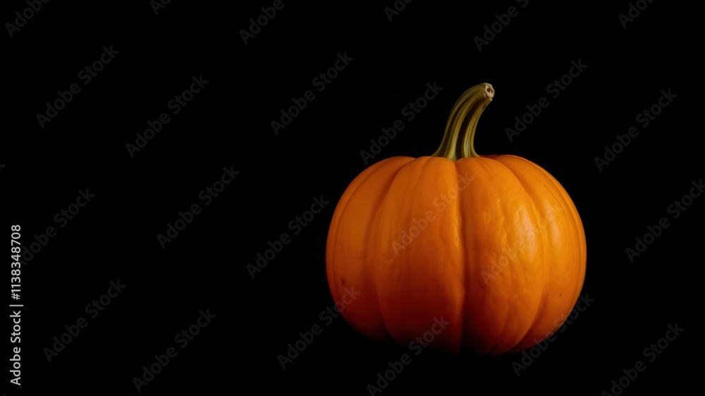 A single pumpkin with a vibrant orange hue rests against a dark backdrop, its stem reaching towards the unseen light. A single pumpkin with a vibrant orange hue rests against a dark backdrop, its stem reaching towards the unseen light.