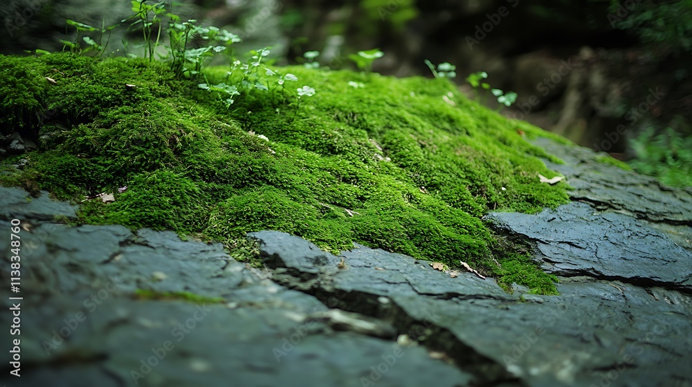 Lush green moss covering dark grey rock. Lush green moss covering dark grey rock.
