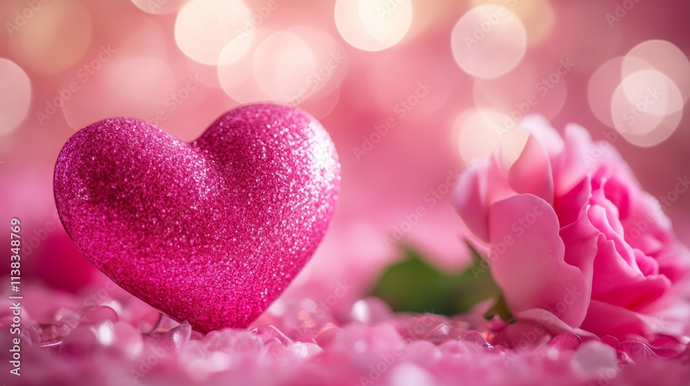 Selective focus shot of a wide pink heart set against a pink background in a romantic setting, with copy space Selective focus shot of a wide pink heart set against a pink background in a romantic setting, with copy space