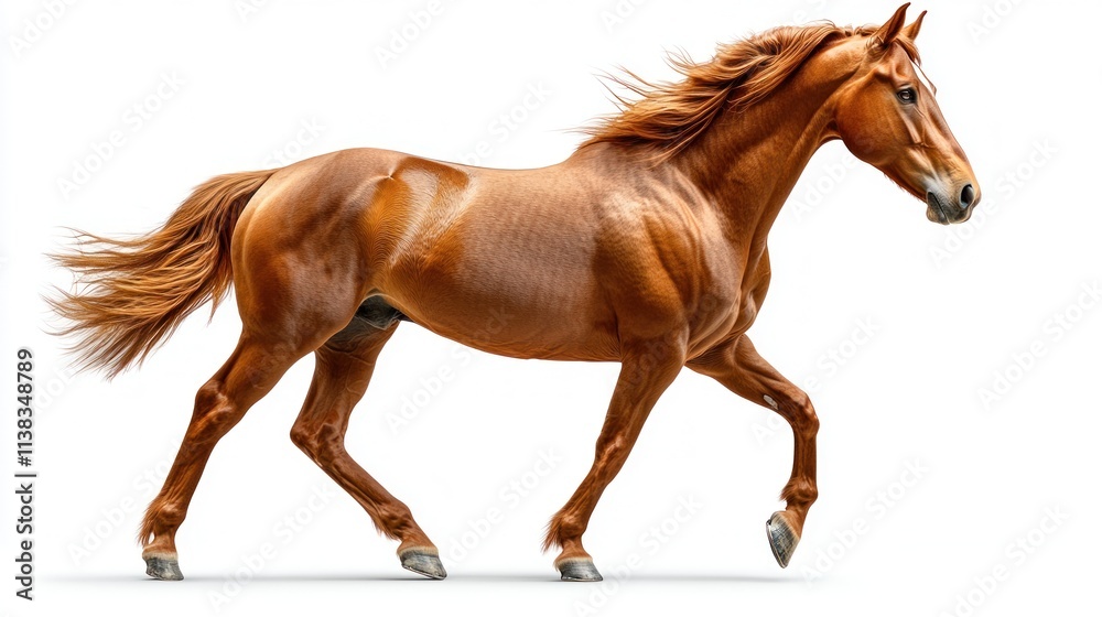 Obraz premium Chestnut horse in motion against white background.