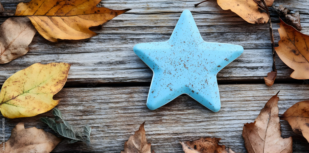 A light blue star-shaped object surrounded by autumn leaves on a wooden surface.