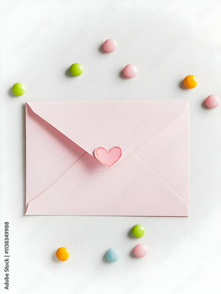 A pink envelope with a heart seal surrounded by colorful candy hearts. A pink envelope with a heart seal surrounded by colorful candy hearts.