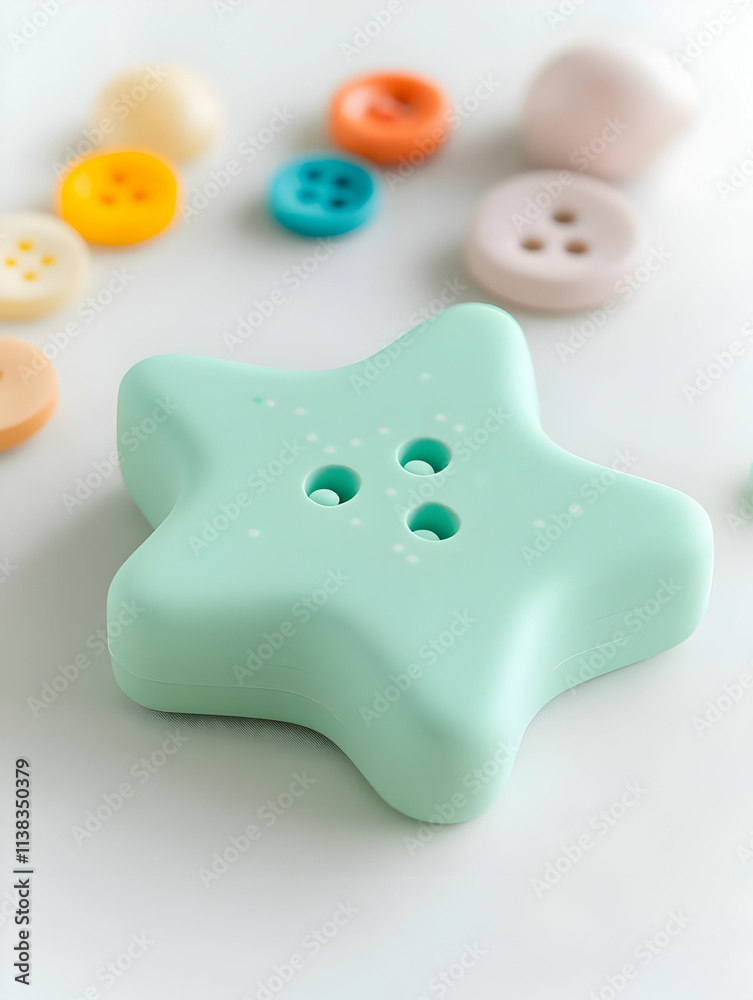 A mint green star-shaped button surrounded by colorful round buttons on a white surface.