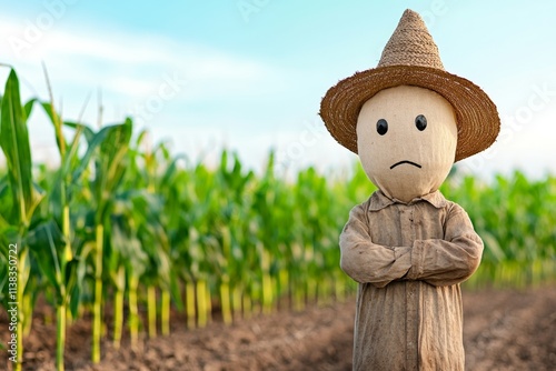 A close-up of a scarecrow in a cornfield, dressed in tattered clothes and surrounded by rows of towering corn stalks