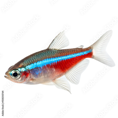 A neon tetras with glowing blue and red stripes, isolated on a transparent background