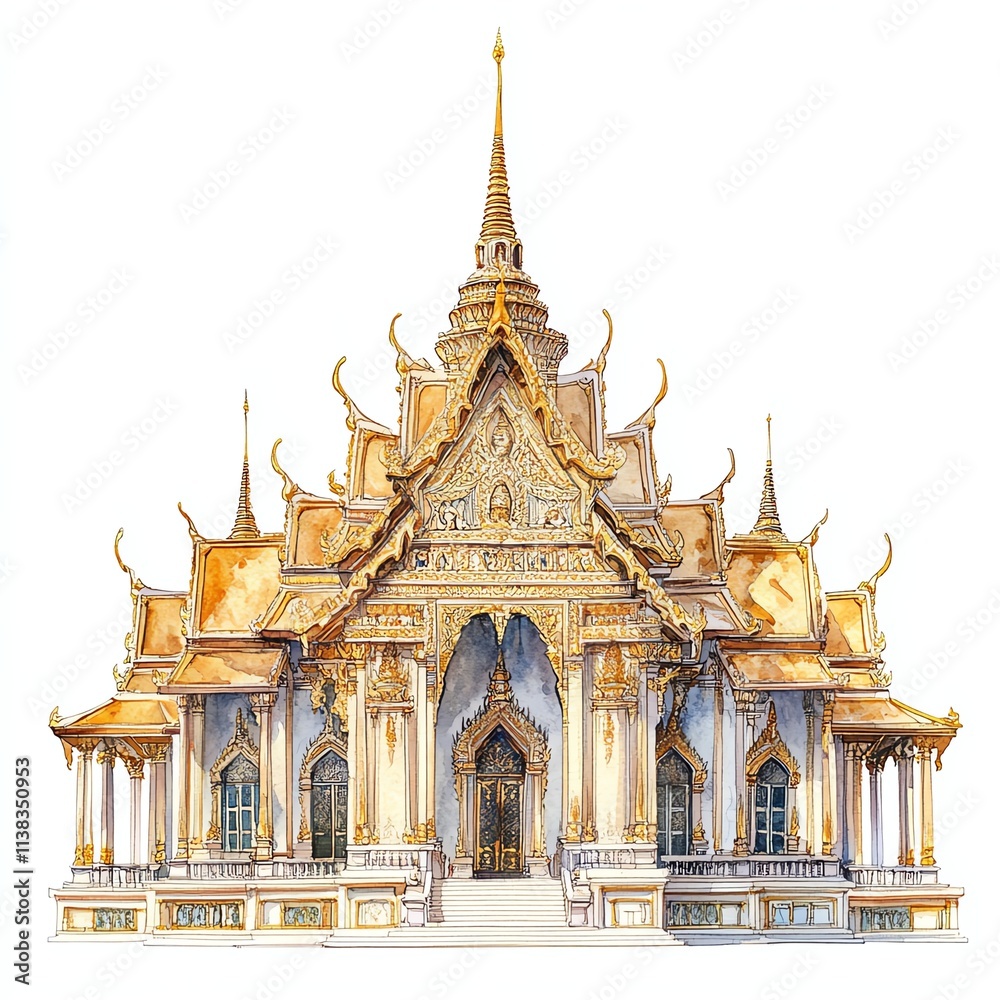 Intricate temple design with golden details, isolated on white background. Intricate temple design with golden details, isolated on white background.