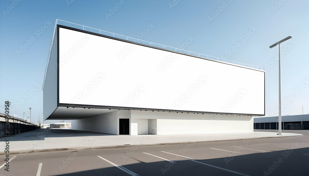 A large, blank billboard dominates a modern white building. An empty parking lot and clear blue sky form the backdrop. The scene is bright and sunny. A large, blank billboard dominates a modern white building. An empty parking lot and clear blue sky form the backdrop. The scene is bright and sunny.