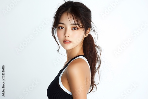 Asian woman in sporty fashion on white background