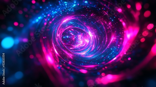 Colorful abstract swirl of blue and pink lights on a dark background.