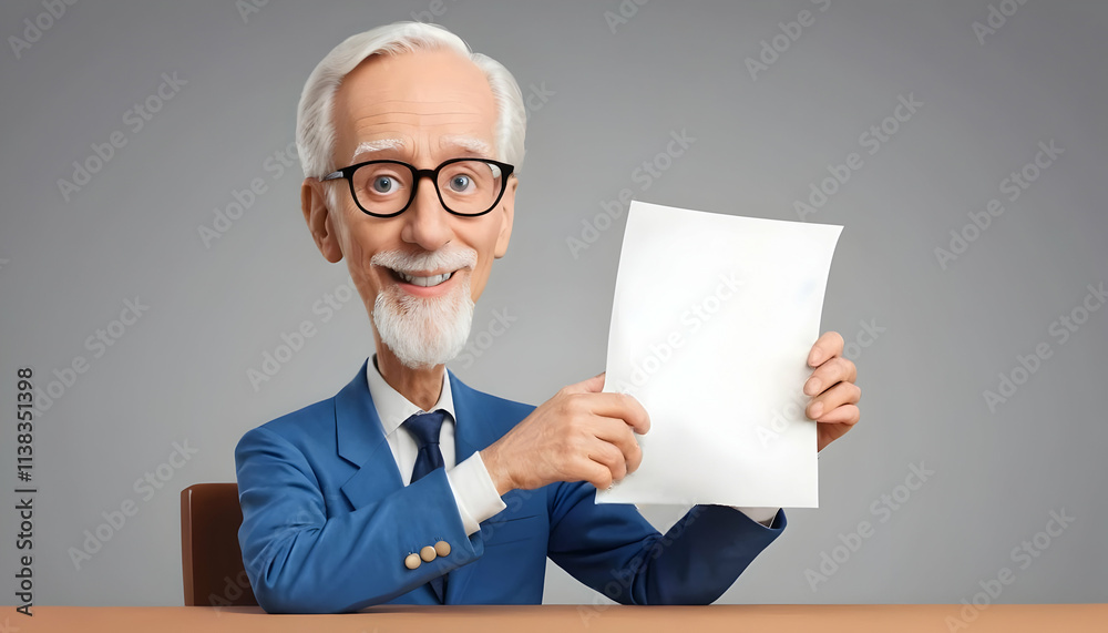 A caricature of a happy elderly man in a blue suit displays a blank white paper. Hes seated at a desk, smiling broadly, ready to announce something. A caricature of a happy elderly man in a blue suit displays a blank white paper. Hes seated at a desk, smiling broadly, ready to announce something.