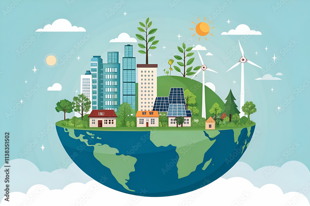 Obraz premium A vibrant illustration of a green cityscape on a globe, featuring buildings, trees, solar panels, and wind turbines, symbolizing sustainability and eco-friendliness.