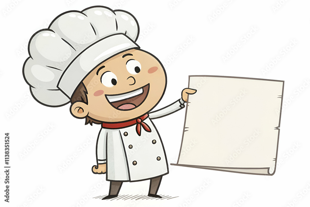 A cheerful cartoon chef holds a blank recipe sheet, showcasing his excitement for cooking and creativity in the kitchen. A cheerful cartoon chef holds a blank recipe sheet, showcasing his excitement for cooking and creativity in the kitchen.