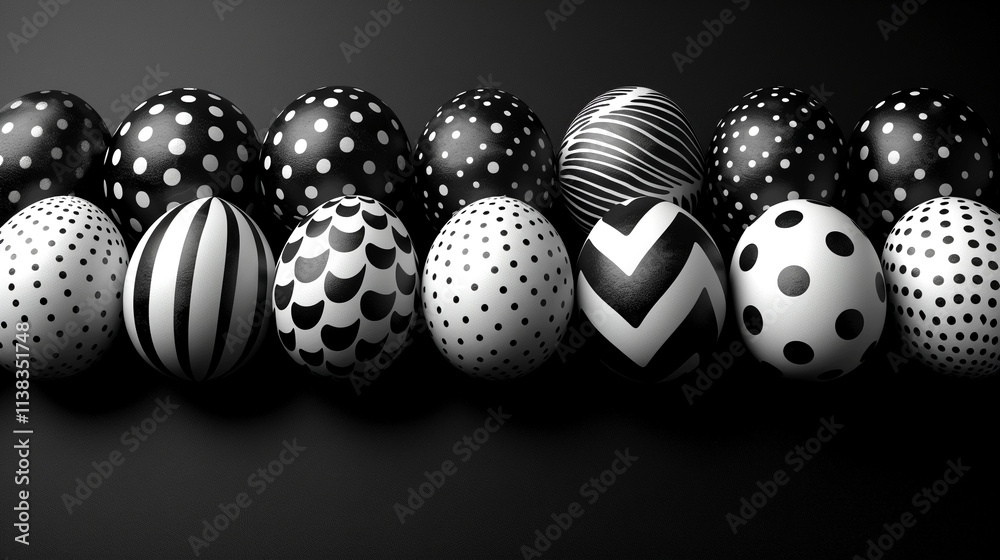 Creative patterns bring life to black and white Easter egg arrangement Creative patterns bring life to black and white Easter egg arrangement