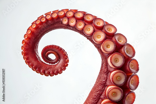 A vibrant red octopus tentacle spirals elegantly, showcasing its distinctive suckers and smooth texture against a light background.