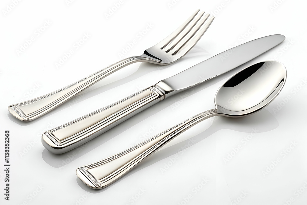 A set of elegant stainless steel cutlery featuring a knife, fork, and spoon, perfect for dining occasions. A set of elegant stainless steel cutlery featuring a knife, fork, and spoon, perfect for dining occasions.