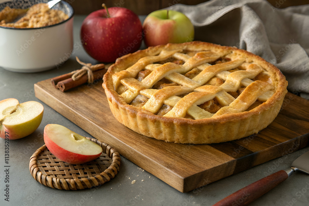 A delicious apple pie sits on a wooden board, surrounded by fresh apples and a sprinkle of cinnamon, evoking a warm, homemade feel. A delicious apple pie sits on a wooden board, surrounded by fresh apples and a sprinkle of cinnamon, evoking a warm, homemade feel.