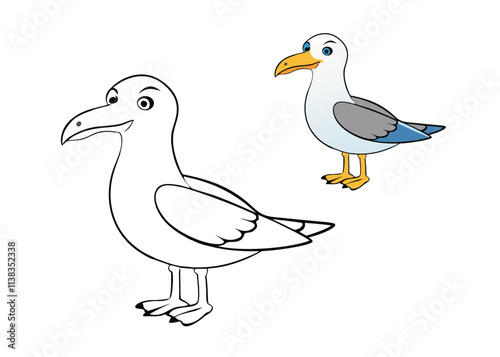 A California Gull coloring page features a graceful seabird with a white body, gray wings, yellow beak, and black markings on the tail, perfect for coloring with coastal vibes.