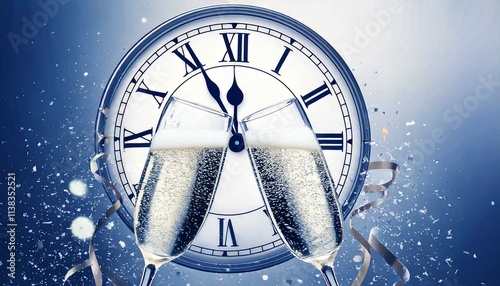 Two champagne glasses clinking in celebration in front of a vintage clock striking five minutes to midnight