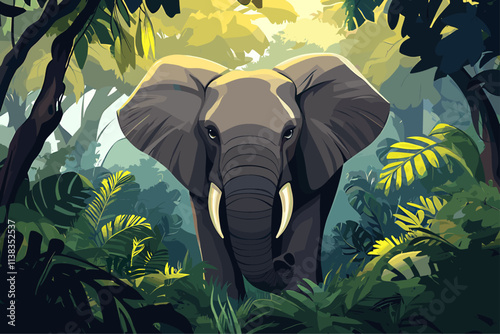 Elephant in the jungles background. Green tropical forest around safari wildanimal. Nature beauty wild life african indian giant ear trunk huge strong mammal. Cartoon style vector illustration