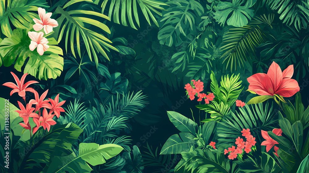 A lush island forest with exotic flowers and vibrant wildlife, creating a haven for nature lovers. Haven. Illustration A lush island forest with exotic flowers and vibrant wildlife, creating a haven for nature lovers. Haven. Illustration