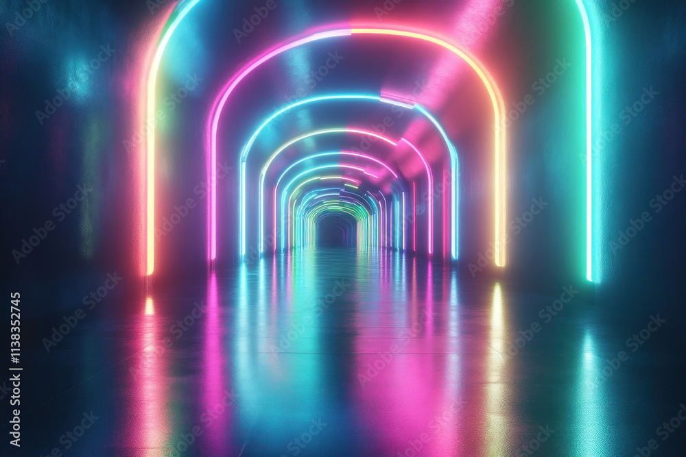 Neon arches glowing in dark tunnel, reflections on floor. Neon arches glowing in dark tunnel, reflections on floor.