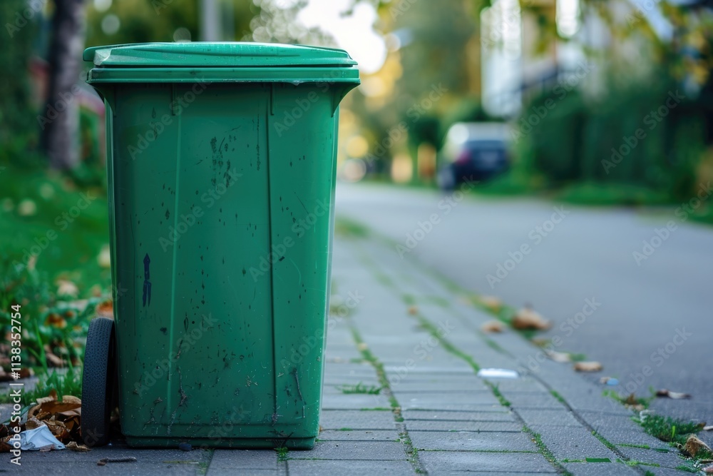Clean Trash Bin. Green Dumpster for Garbage Collection in Residential Area Clean Trash Bin. Green Dumpster for Garbage Collection in Residential Area
