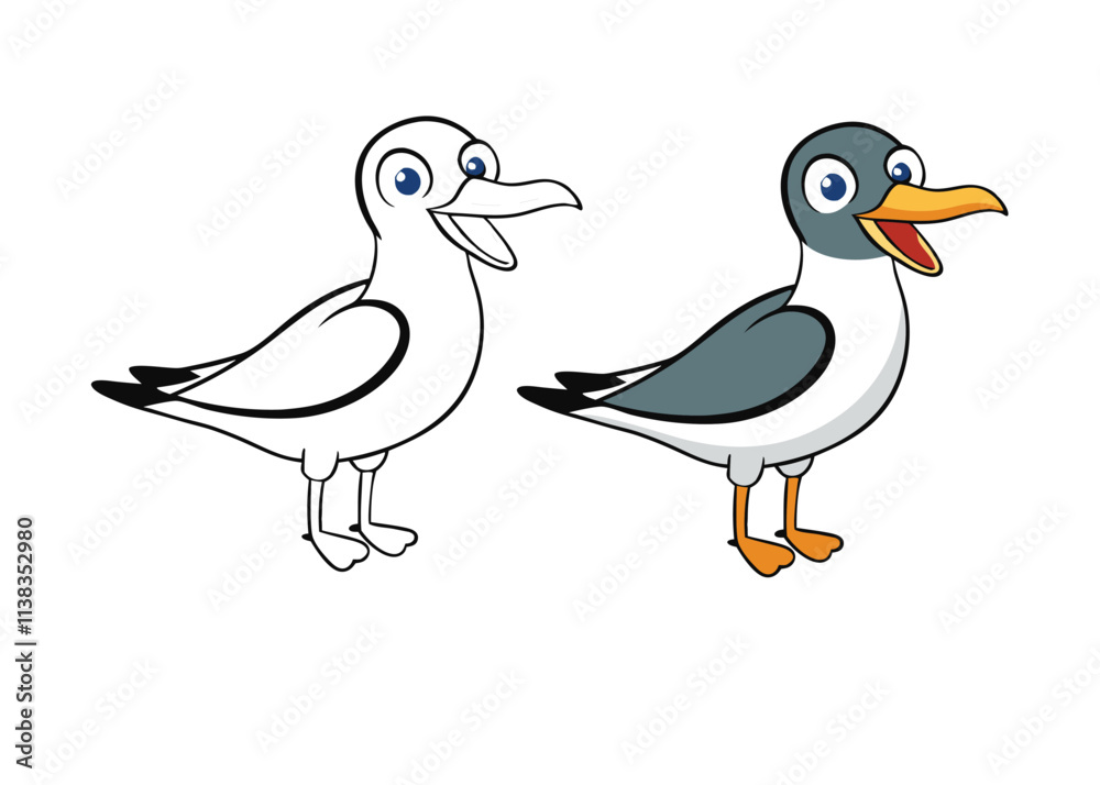 Obraz premium A laughing gull coloring page features a sleek bird with a white body, black head, and striking black wings, perfect for adding vibrant colors to its lively, coastal appearance.
