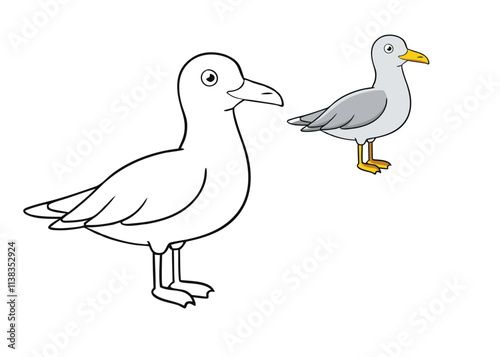 A herring gull coloring page featuring a majestic bird with white and gray feathers, a yellow beak, and striking red markings around the eyes. Perfect for nature lovers!