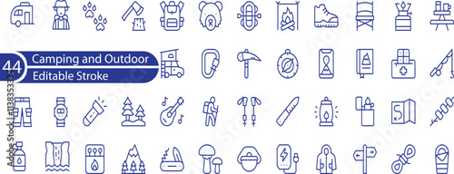 Simple Set of Travel Outdoor Related Vector Line Icons. Contains such Icons as Campfire, Hiking, Camp Trailer and more. 