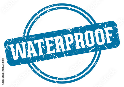 WATERPROOF stamp. Round grunge stamp isolated on white background