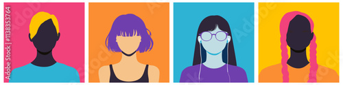 Faceless young woman portrait posters set. Front view. Asian African Europian with airpods glasses. Variouse hairstyles short long plaits. Youngsters fashion. Bright colors. Minimalist style vector