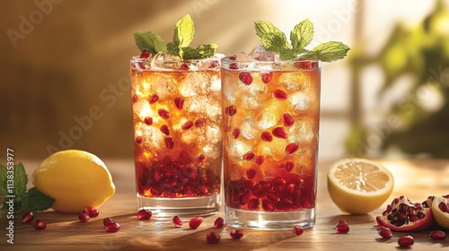 Pomegranate Iced Tea, a cocktail with pomegranate sparkling water and ice cubes in glass tumblers, decorated with mint leaves and lemon slices on the rim of each drink