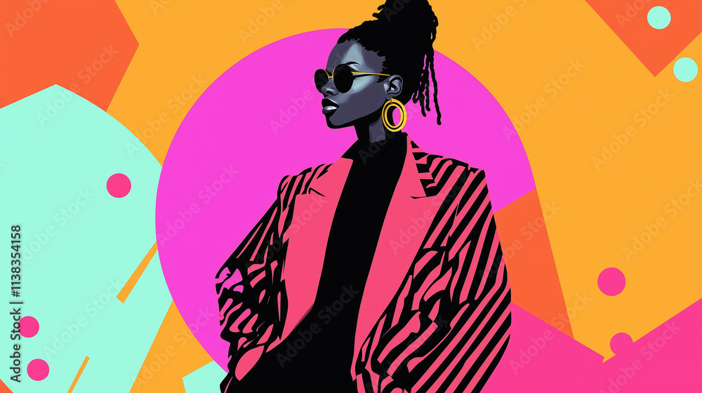 Fototapeta premium A stylish 80s-inspired fashion illustration featuring bold geometric patterns, oversized blazers, and vivid neon colors, with a model striking a retro pose against a gradient background.