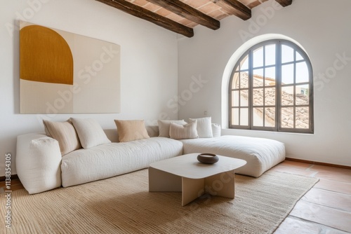 mediterranean-inspired living space, room with big windows, terrazo floors, and colorful pottery evoke the mediterranean in this eclectic living space photo