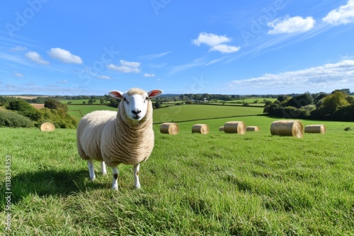 A ewe standing on a grassy hill under a clear blue sky, with bales of hay scattered in the field below photo