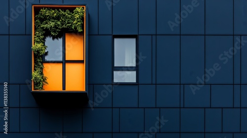 Modern Architecture: A minimalist window with a touch of greenery breaks the monotony of a sleek blue facade, creating a striking visual contrast.