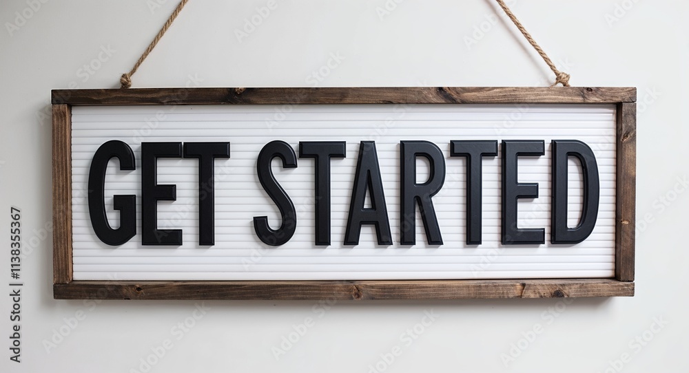 Obraz premium Get started lettering on hanging sign board on plain white background