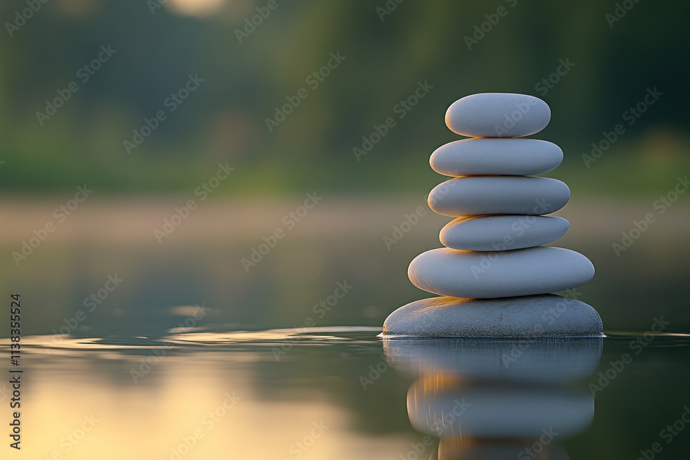 White pebbles stacked in zen balance on water at sunrise. White pebbles stacked in zen balance on water at sunrise.