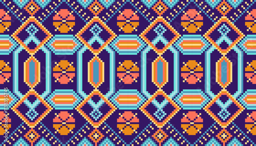 Pixel art ethnic, Pattern fabric pixel, design for background, clothing, decorative, drapery, cloth embroidery, geometric pixel art, handcraft, wallpaper, carpet, bag, card, cushions, Print, ethnic
