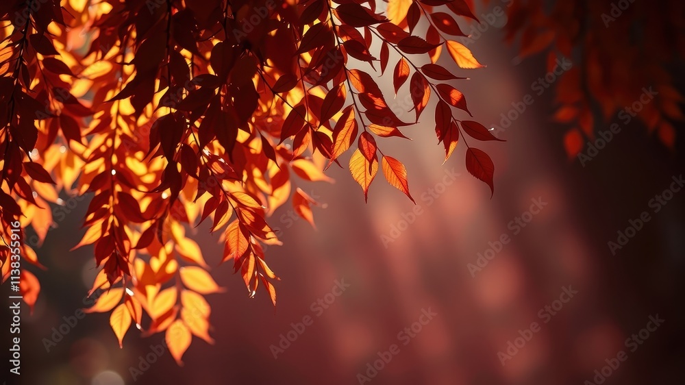 Autumnal Leaves Bathed in Soft Sunlight, Displaying Warm Hues of Red and Orange Autumnal Leaves Bathed in Soft Sunlight, Displaying Warm Hues of Red and Orange