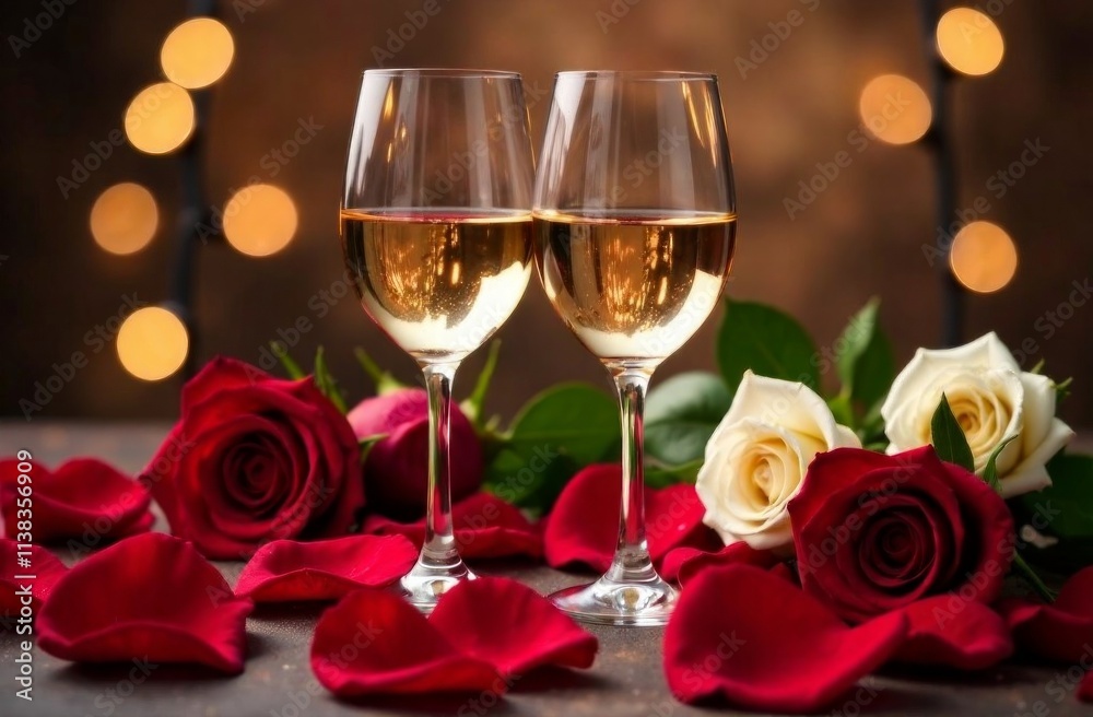 Romantic evening with wine glasses and roses for elegant celebration Romantic evening with wine glasses and roses for elegant celebration