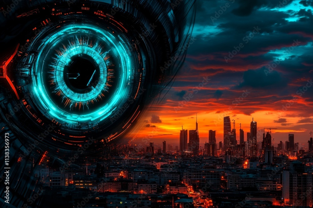 A futuristic cityscape with a holographic eye projected above the skyline, casting long shadows across the buildings A futuristic cityscape with a holographic eye projected above the skyline, casting long shadows across the buildings