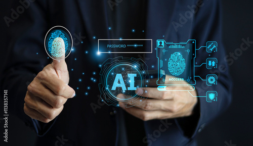 The businessman is using advanced AI technology and biometric security systems, such as fingerprint scanning, to enhance data protection and streamline digital operations. photo